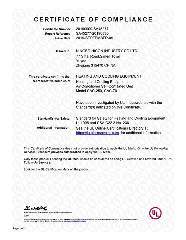 Air Cooled Precision Air Conditioner Certificates